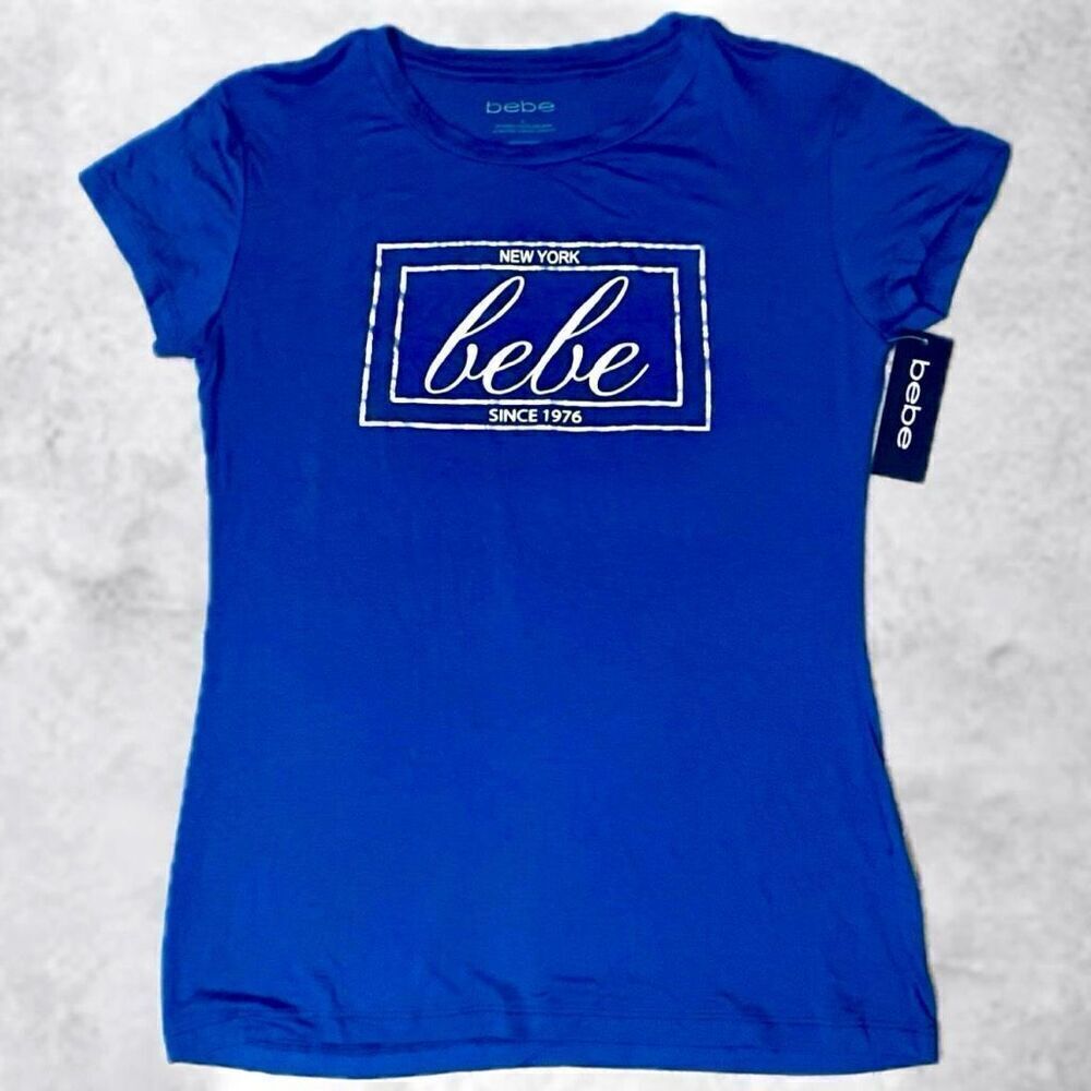 NWT Gorgeous bebe New York Sz L Navy Blue Seamless Stretchy Short Sleeve T-Shirt - Picture 12 of 12